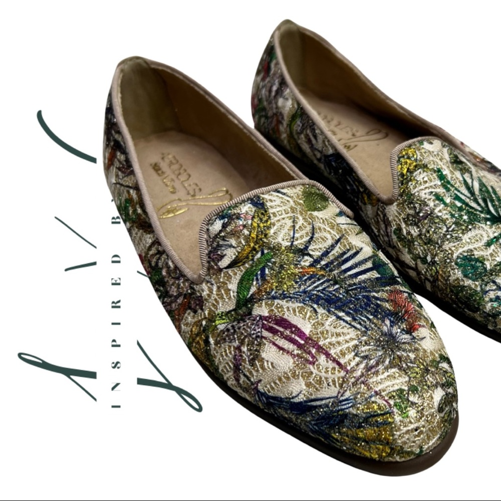 AEROSOLES Stitch-N-Turn Botanical Print Metallic Gold Slip On Flats